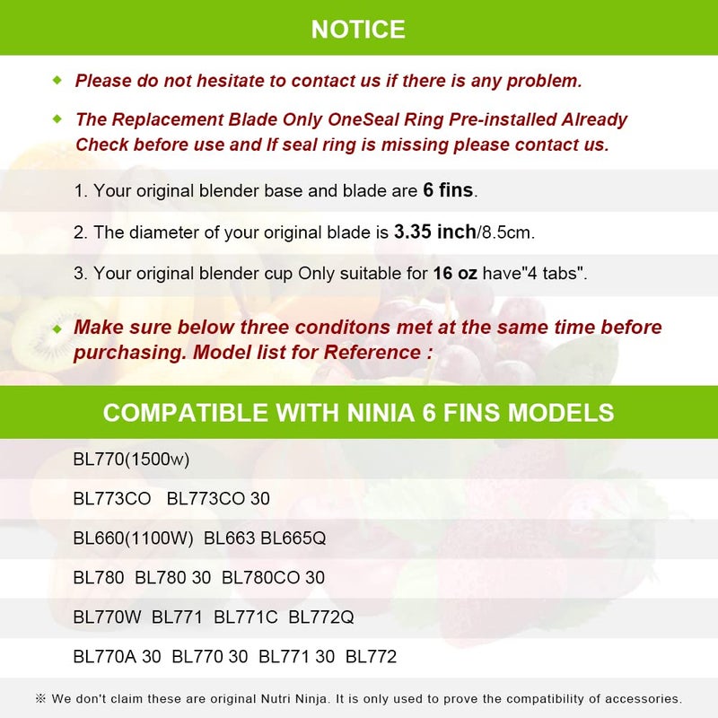 Feilifan شفرات بديلة 6 زعانف لخلاط نينجا 16 أونصة متوافقة مع BL660 1100w، BL771 30، BL770 1500w، BL780CO BL663 BL663CO BL665Q BL740 BL773 BL780 - Image 3